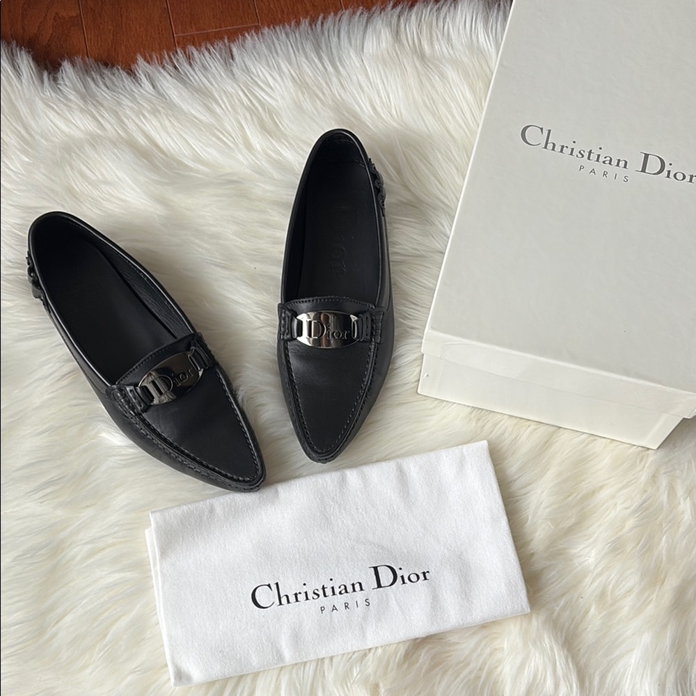 Christian Dior Pointed Black Leather Loafers Shoes for Women EU 35.5 NEW